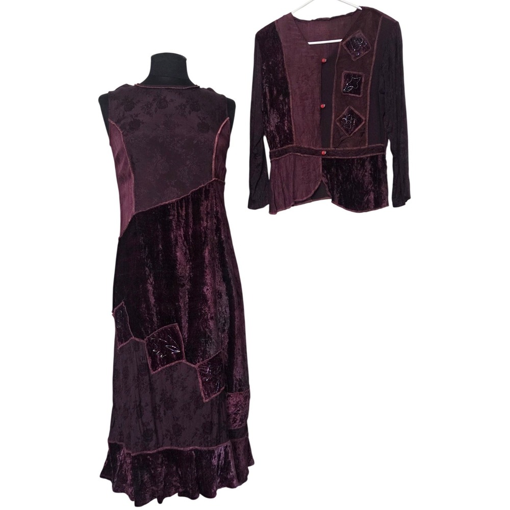 Vintage Whimsigoth Patchwork Velvet Beaded Dress Blazer Set Burgundy Size S P